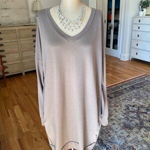Zenana Outfitters Long Sleeve V-Neck Tunic Dress in Taupe